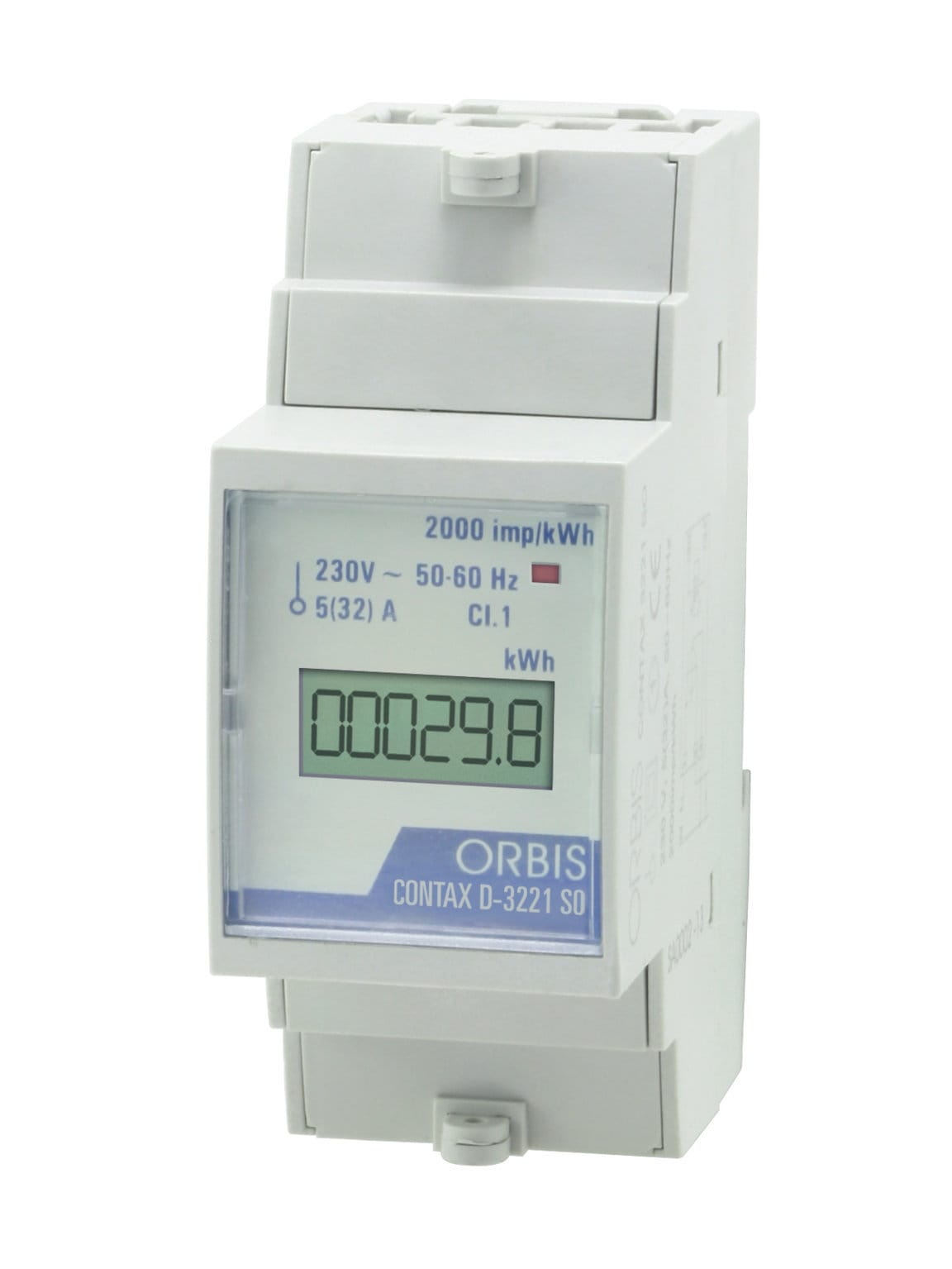 ORBIS - CONTAX D-3221 SO Contatore monofase energia attiva, 2 Moduli, 32A, inserzione diretta, display digitale, lampeggio LED 0.5Wh/imp