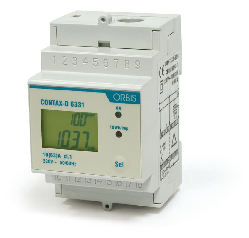 ORBIS - CONTAX D-6331 SO Contatore monofase energia attiva, 3 Moduli, 63A, inserzione diretta (cavo passante), display digitale, lampeggio LED 10Wh/imp