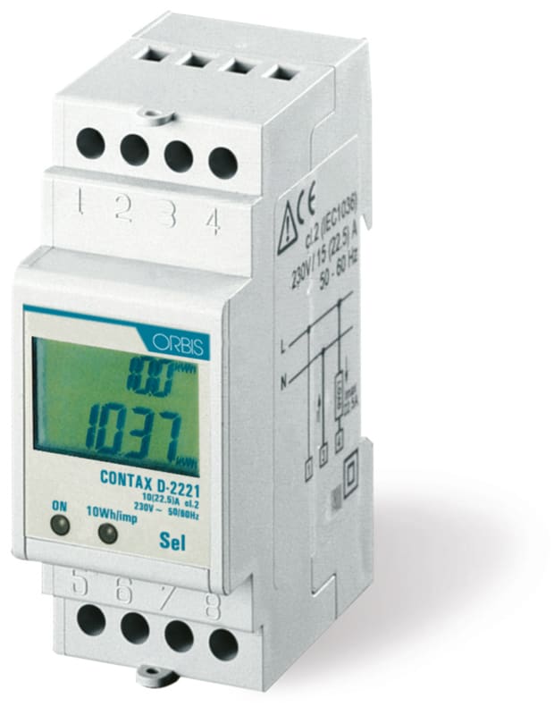ORBIS - CONTAX D-2221 Contatore monofase energia attiva, 2 Moduli, 22.5A, inserzione diretta, display digitale, lampeggio LED 10Wh/imp