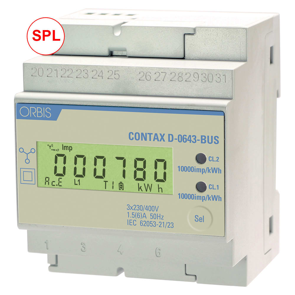 ORBIS - CONTAX D-0643-SPL BUS Contatore trifase energia in configurazione SPL per colonnine VIARIS, 4 Moduli, Comunicazione MODBUS, 6A, display digitale