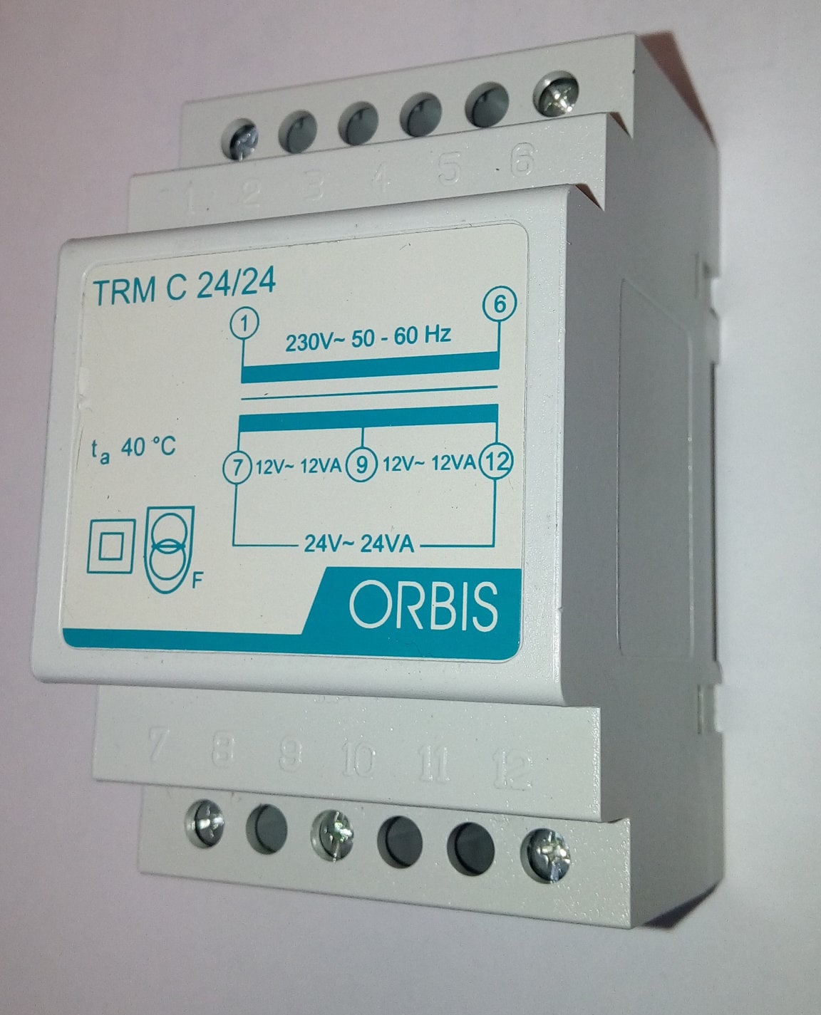 ORBIS - TRM C 24/24 Trasformatori modulari per campanelli, potenza 24 VA, 3 moduli DIN, tensione primario 230V, tensione secondario 12/24 VAC