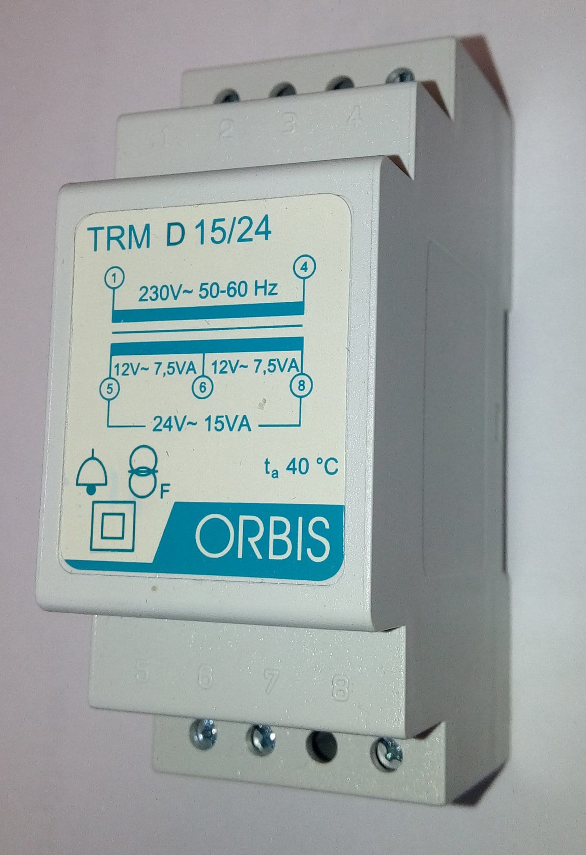 ORBIS - TRM D 15/24 Trasformatori modulari per campanelli, potenza 15 VA, 2 moduli DIN, tensione primario 230V, tensione secondario 12/24 VAC