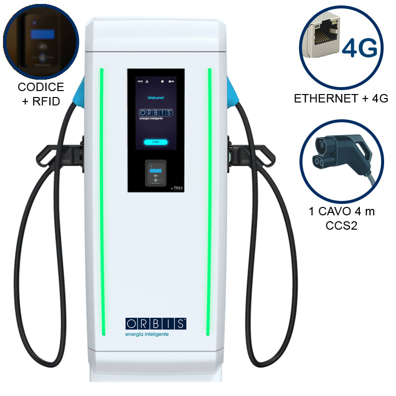 ORBIS - VIARIS LANDER 1CCS60ETHG DC FAST CHARGER 60 kW, 1 uscita: CCS2, Cavo 4m, Ethernet+4G, lettore carte RFID