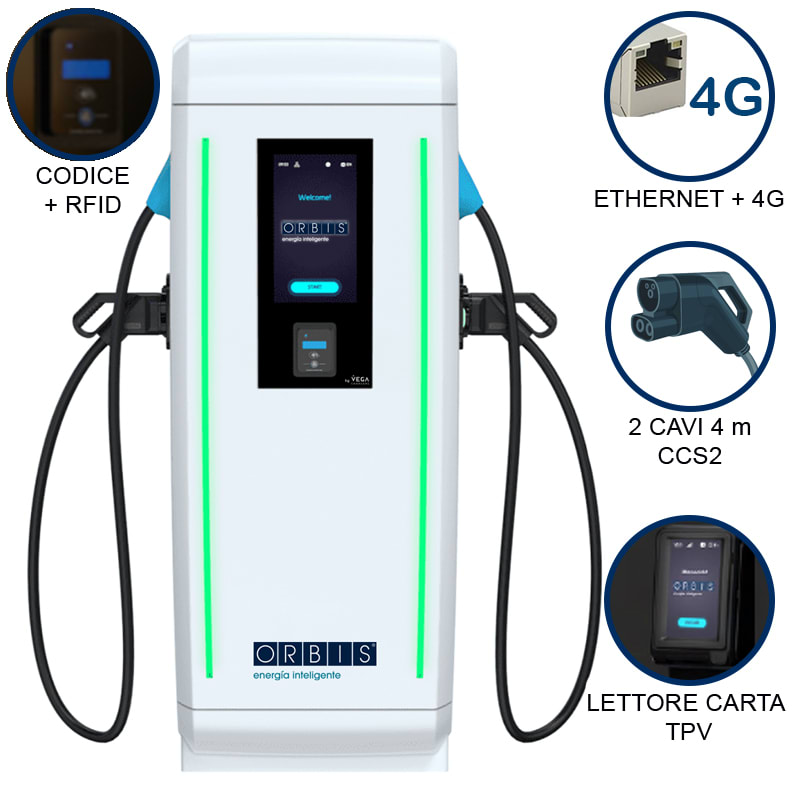 ORBIS - VIARIS LANDER 2CCS80TPVETHG DC FAST CHARGER 80 kW, 2 uscite CCS2, Cavo 4m, Ethernet+4G, lettore carte RFID, Lettore carta di credito