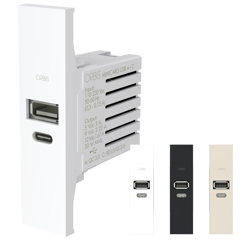 ORBIS - MINICARG USB A+C LN Alimentatore USB da incasso, 12VDC Max - 3A Max, con forntalini BIANCO, ANTRACITE e ALLUMINIO intercambiabili, 1 modulo DIN, 230V OB140623