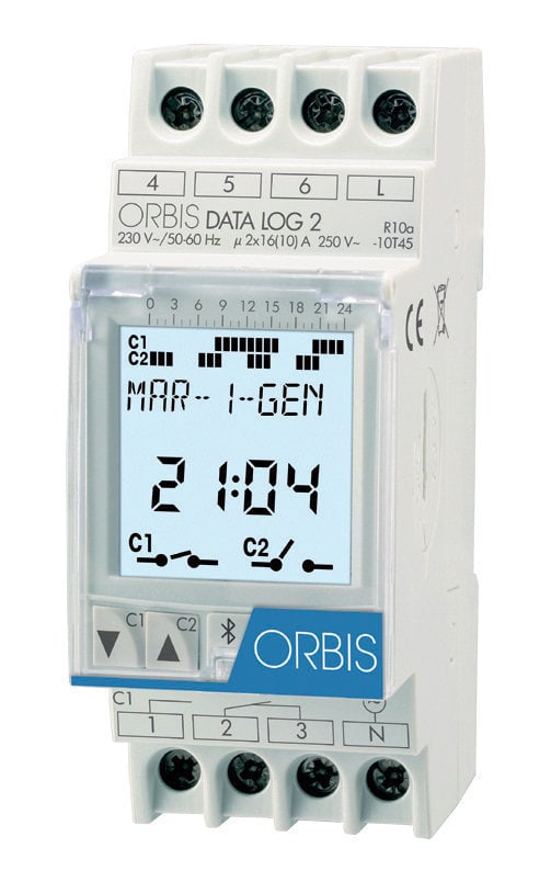 ORBIS - DATA LOG 2 Interruttore Orario Digitale 2 moduli DIN,giornaliero/settimanale,2 contatti, 12V AC/DC