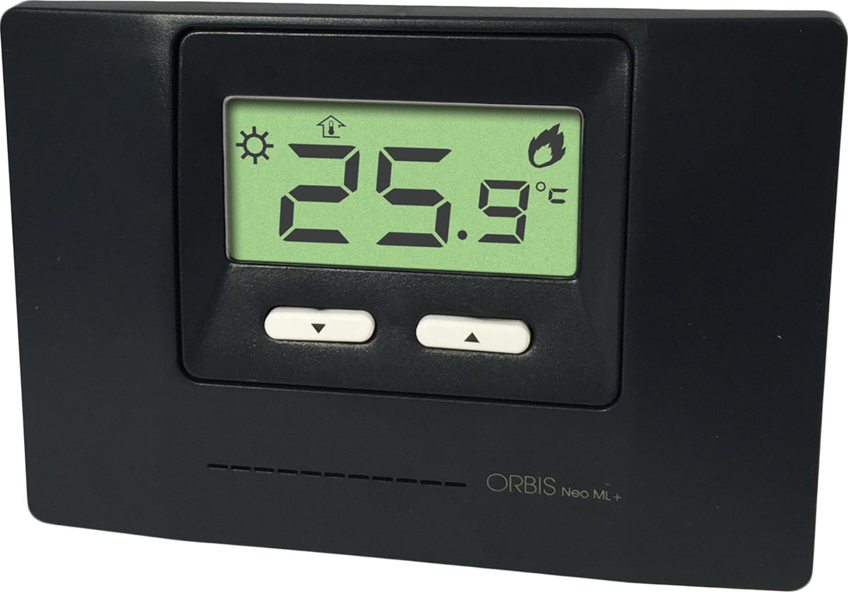ORBIS - NEO ML + ANTRACITE Termostati digitali da parete, funzionamento riscaldamento/condizionamento, due livelli impostabili, Alim. 2 batterie 1.5V