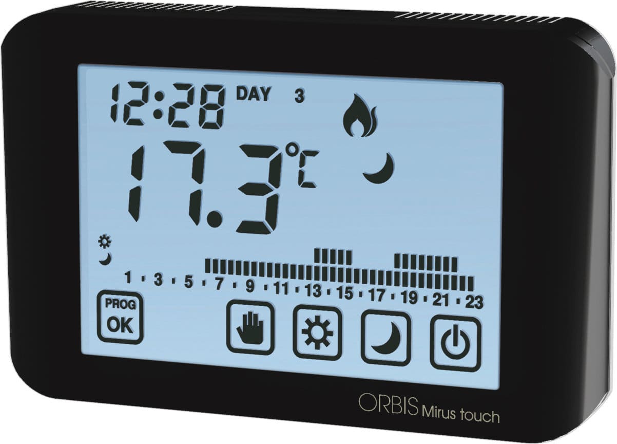 ORBIS - MIRUS TOUCH ANTRACITE Cronotermostato digitale da parete con display touch, programmazione giornaliera/settimanale, alim. 2 batterie 1,5V