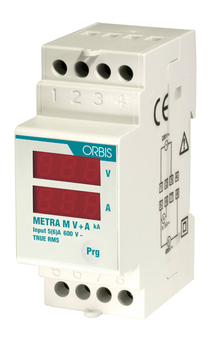 ORBIS - METRAM-V+A Strumento multifunzione amperometro e voltmetro, 2 moduli DIN, portata 600 V AC - TA x/5A AC