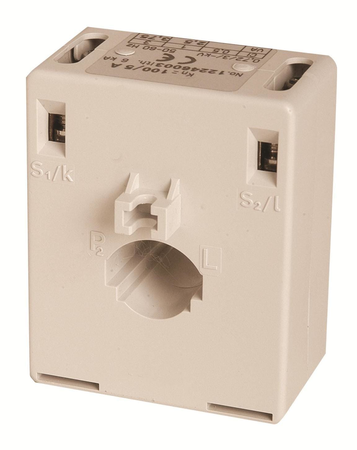 ORBIS - AT20 100/5A TRASFORMATORE Amperometrico, dimensioni barra inseribile 20mm x 5mm, diametro cavo inseribile 16mm, fissaggio tramiste staffa/ barra DIN