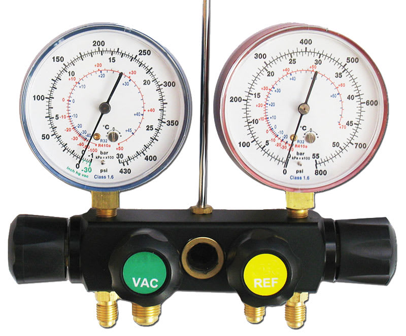 ORBIS - Gruppo manometrico 4 VIE diametro 80 mm, scala bar/psi/°C, classe precisione 1.6 Gas R22-R407C-R134A-R404A Attacchi 3 x 1/4" SAE + 1 x 3/8" SAE OB576040