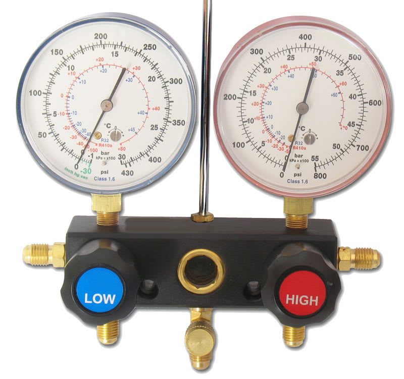 ORBIS - Gruppo manometrico 2 VIE diametro 80 mm,scala bar/psi/°C,classe precisione 1,6 Gas R410A-R32 Attacchi 4 x 1/4" SAE OB576052