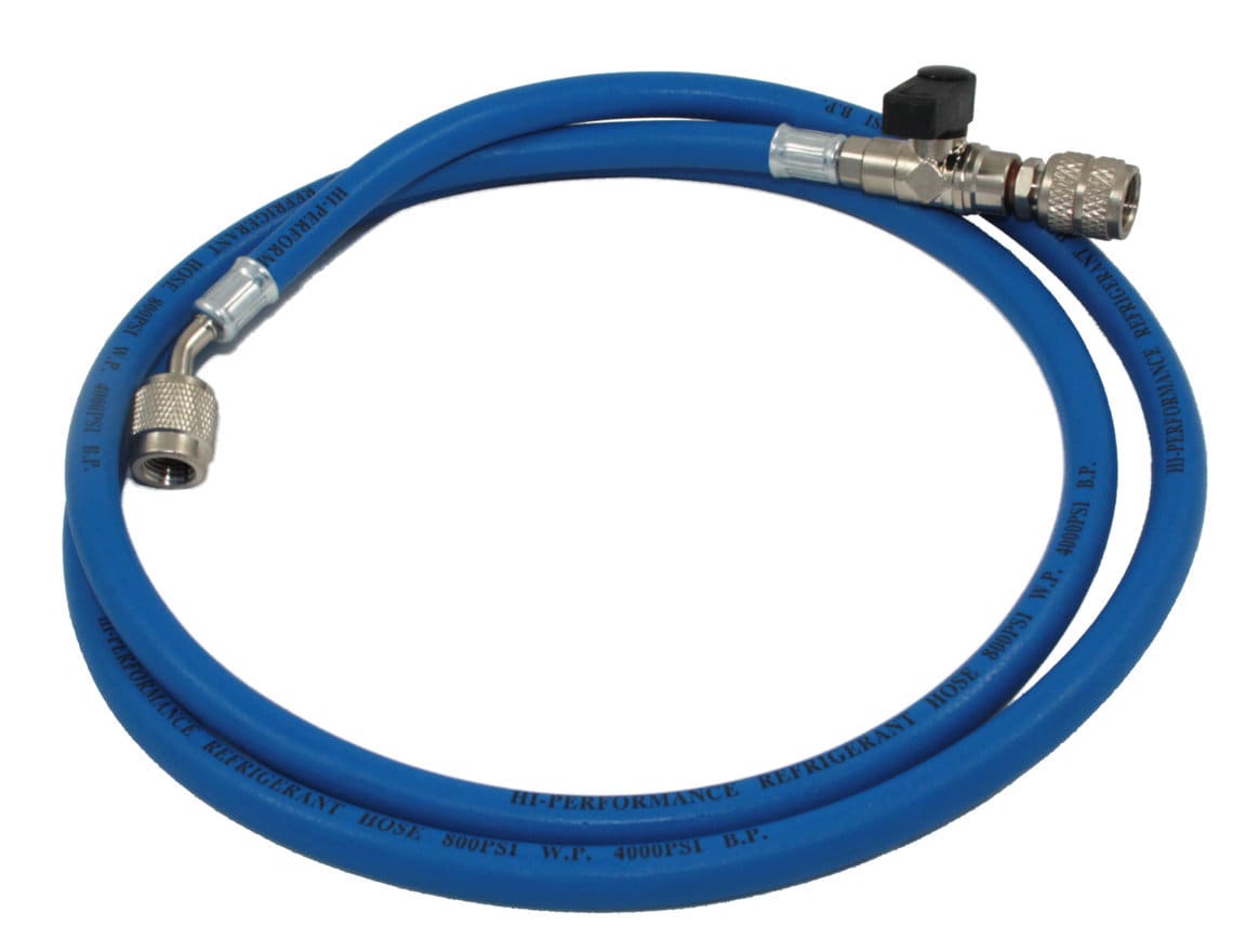 ORBIS - Tubo flessibile singolo blu R22/R407/R32 con rubinetto e depressore attacco 1/4" SAE - 1/4" SAE 45°, lunghezza 1500 mm