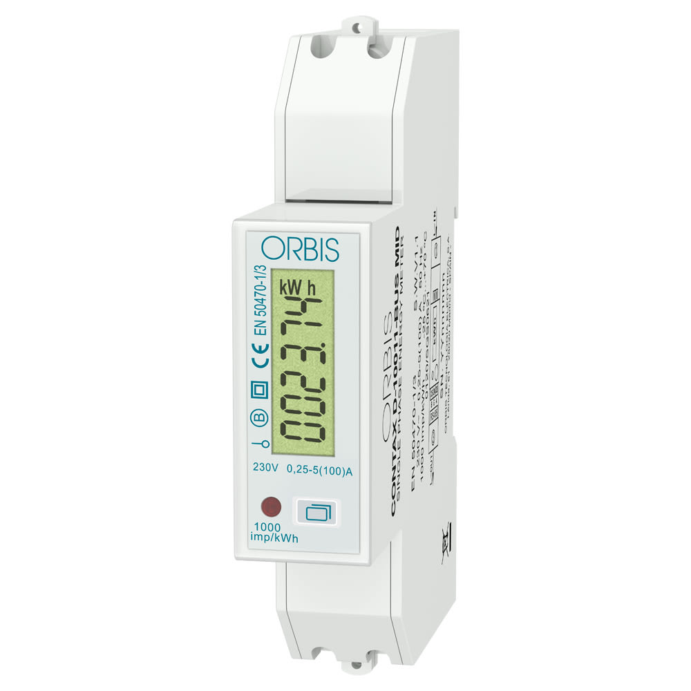 ORBIS - CONTAX D-10011 BUS MID Contatore monofase , 1 Modulo, certificato MID,100A, ins.diretta, display digitale, lampeggio LED 1Wh/imp OB7010000