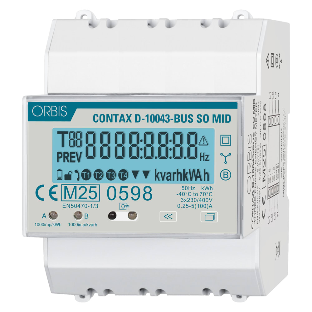 ORBIS - CONTAX D-10043 BUS S0 MID Contatore trifase , 4 Modulo, certificato MID,100A, ins.diretta, display digitale, lampeggio LED 1Wh/imp