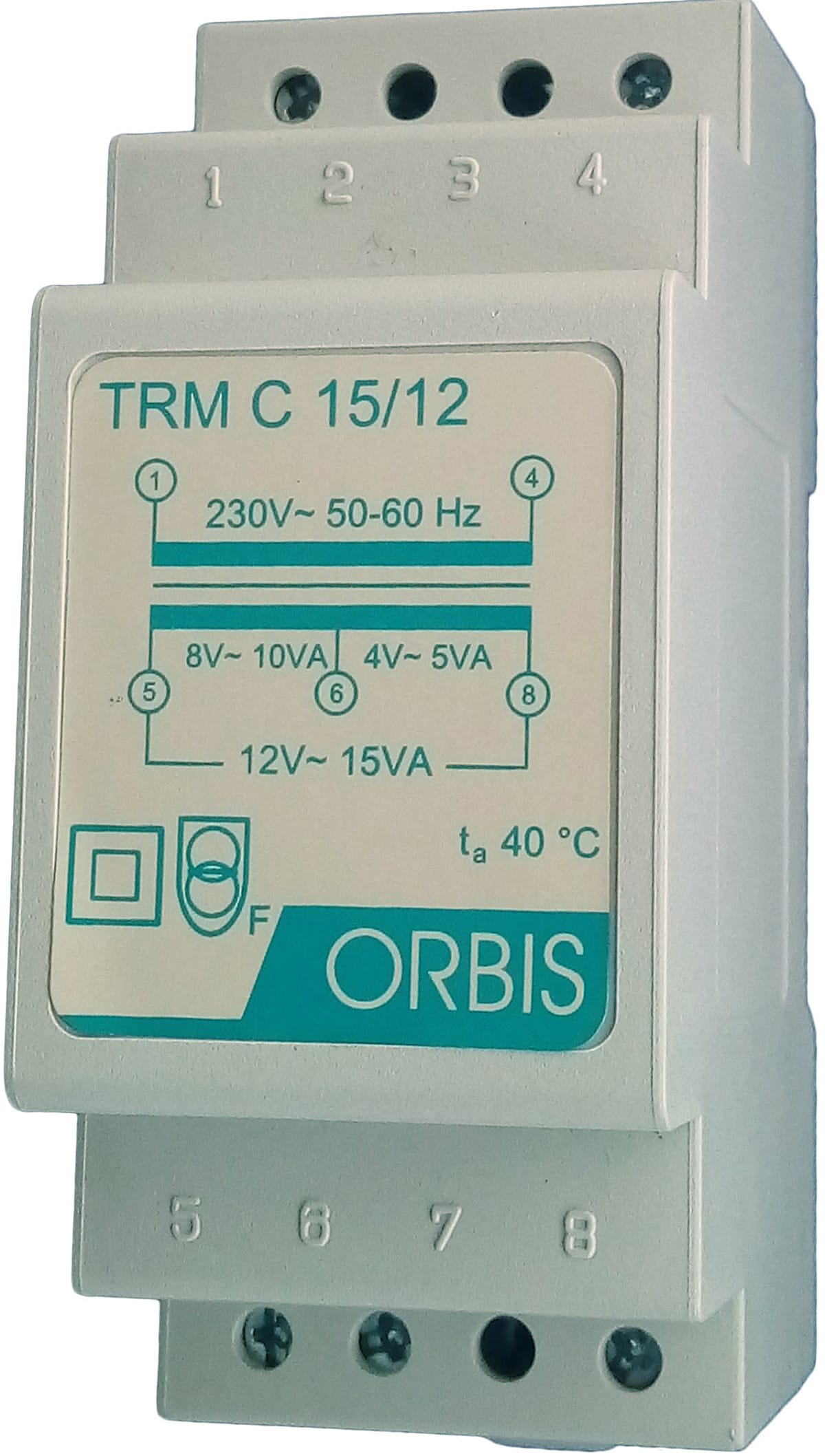 ORBIS - TRM C 15/12 Trasformatori modulari per campanelli, potenza 15 VA, 2 moduli DIN, tensione primario 230V, tensione secondario 4/8/12 VAC