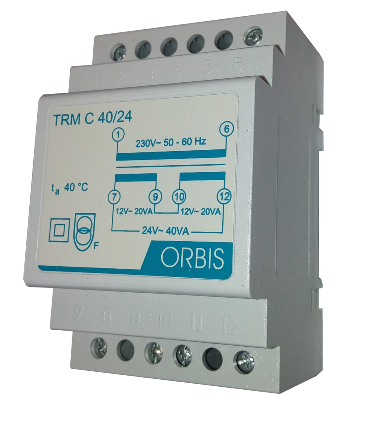 ORBIS - TRM C 40/24 Trasformatori modulari per campanelli, potenza 30 VA, 3 moduli DIN, tensione primario 230V, tensione secondario 12/24 VAC