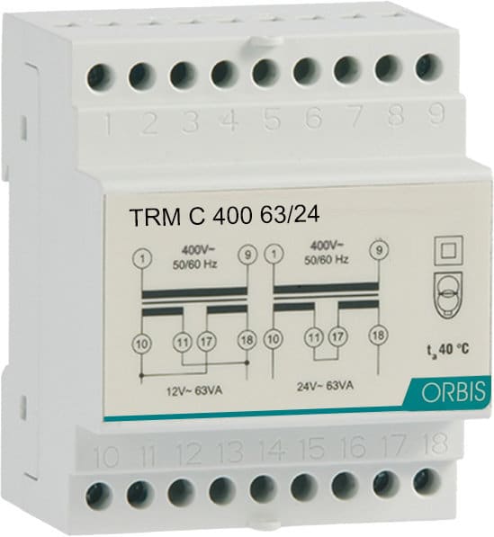 ORBIS - TRM C 400 63/24 Trasformatori modulari per campanelli, potenza 63 VA, 4 moduli DIN, tensione primario 400V, tensione secondario 12/24 VAC