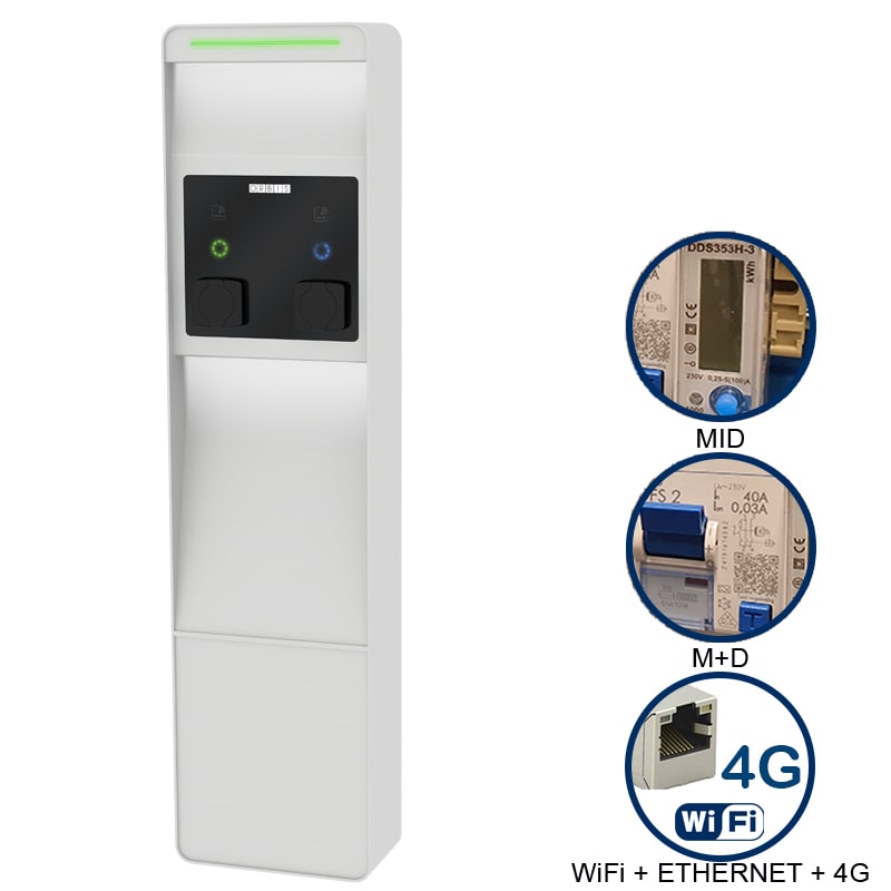 ORBIS - VIARIS CITY+ BBT2PE22ETHG TRIFASE 22 kW + 22 kW, 2 prese TIPO 2 e SHUTTER,WiFi+Ethernet+4G, 2 protezioni magnet.-diff.,2 cont.MID, lettore carte RFID OB94C7CCJC4