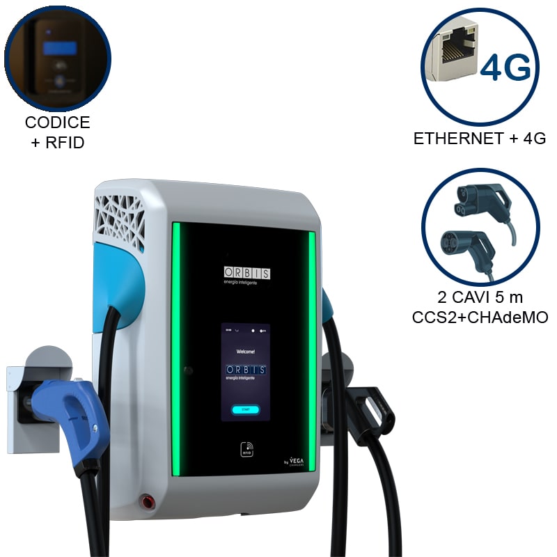 ORBIS - VIARIS GRAVITY 1CCS1CHA40ETHG DC FAST CHARGER 40 kW, 2 uscite: CCS2+CHAdeMO, Cavo 5m, Ethernet+4G, lettore carte RFID OB94G5CH42R0
