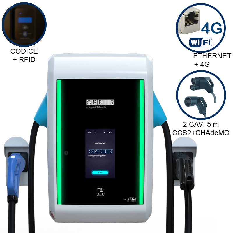 ORBIS - VIARIS GRAVITY 1CCS1CHA30ETHG DC FAST CHARGER 30 kW, 2 uscite: CCS2+CHAdeMO, Cavo 5m, Ethernet+4G, lettore carte RFID OB94G5CH52R0