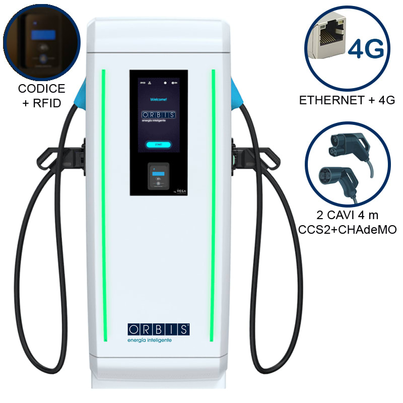 ORBIS - VIARIS LANDER 1CCS1CHA60ETHG DC FAST CHARGER 60 kW, 2 uscite: CCS2+CHAdeMO, Cavo 4m, Ethernet+4G, lettore carte RFID OB94LCH042R0
