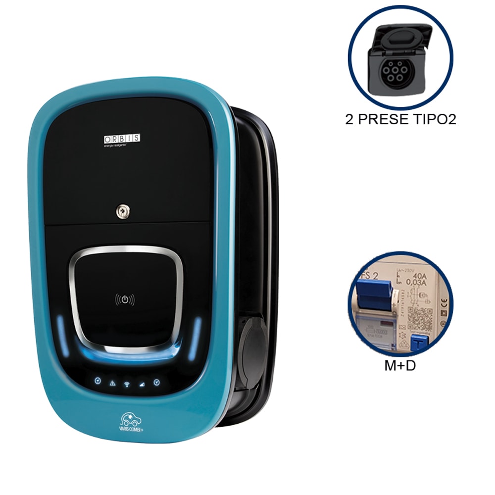 ORBIS - VIARIS COMBI+ BBT2P74ETH MONOFASE 7.4 kW + 7.4 kW 32A, 2 PRESE TIPO 2 e SHUTTER, Protezione Magnetotermica/Differenziale, Ethernet, lettore carte RFID OB94P2CCFA2