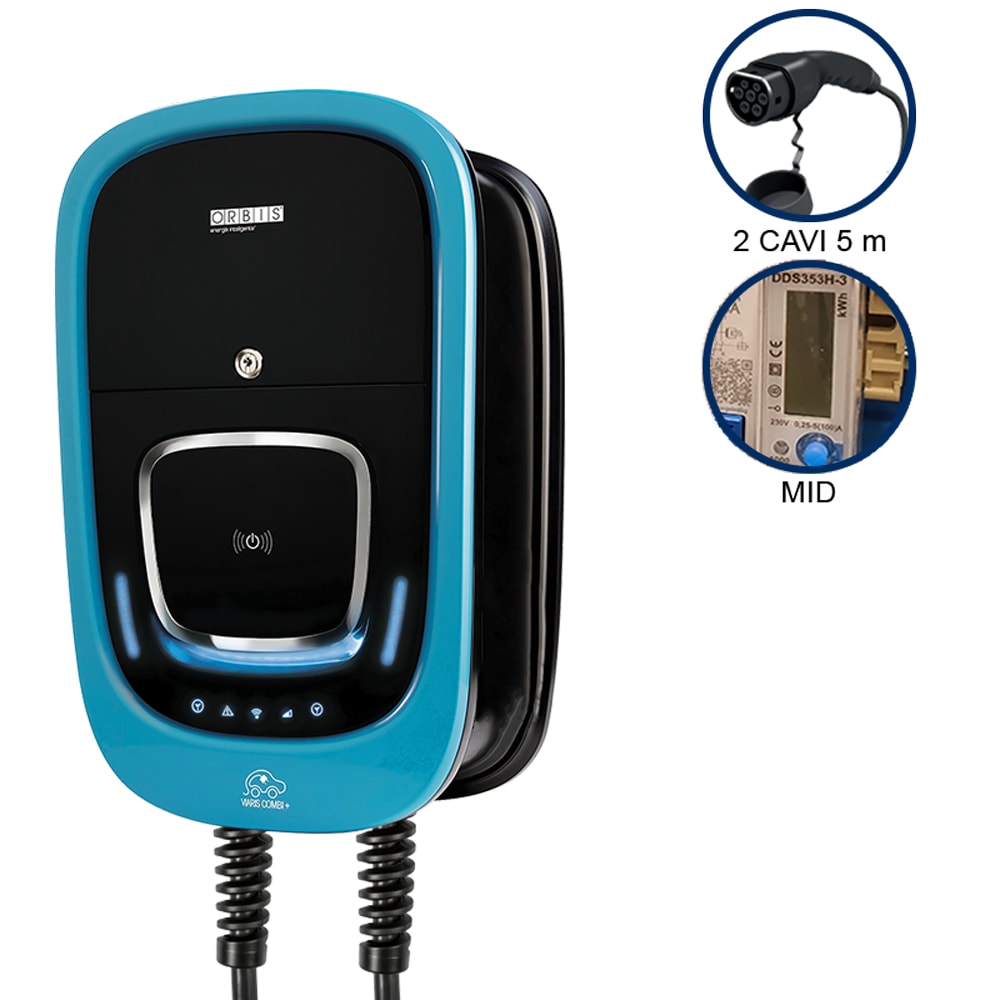 ORBIS - VIARIS COMBI+ CCT2E22ETH TRIFASE 22 kW + 22 kW 3x32A, 2 CAVI e CONNETTORE TIPO 2 lunghezza 5m, contatore MID, Ethernet, lettore carte RFID OB94P722KC2