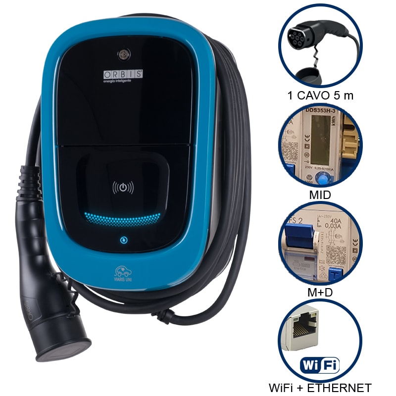 ORBIS - VIARIS UNI+ CT2PE74ETH MONOFASE 7.4 kW 32A, 1 CAVO e CONNETTORE TIPO 2 lunghezza 5m, lettore carte RFID, WiFi + Ethernet OB94U1209B2