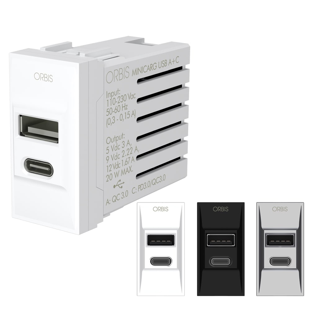 ORBIS - MINICARG USB Alimentatore USB A + USB C da incasso, 5VDC - 3A Max, con forntalini BIANCO, ANTRACITE e ALLUMINIO intercambiabili, 1 modulo DIN, 230V