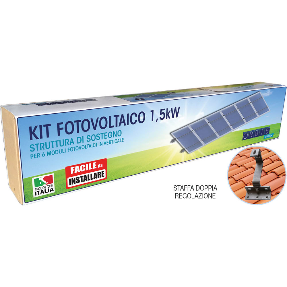 ORBIS - KIT FST-R6 KIT STRUTTURA DI SOSTEGNO 6 PANNELLI per 6 moduli fotovoltaici in verticale su tetto con tegole o coppi, Staffa DOPPIA REGOLAZIONE