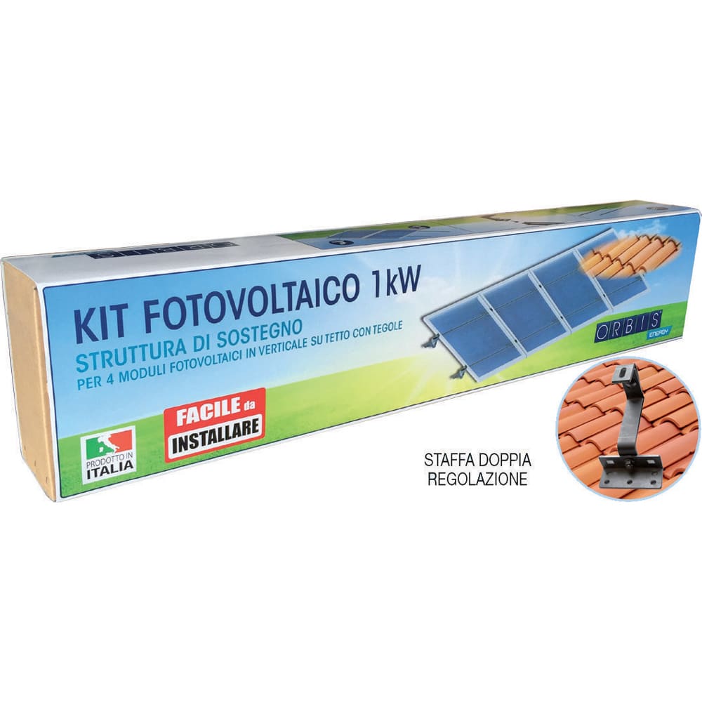 ORBIS - KIT FST-4S  KIT STRUTTURA DI SOSTEGNO 4 PANNELLI per 4 moduli fotovoltaici in verticale su tetto con tegole o coppi, Staffa Portoghese