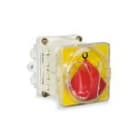 PALAZZOLI - INTERRUTTORE SEZIONATORE 4X32A CON BLOCCOPORTA DI EMERGENZA MANOPOLA ROSSA TARGHETTA GIALLA SCHEMA CAM 3 IP65