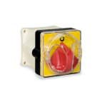 PALAZZOLI - INTERRUTTORE SEZIONATORE 2X16A DA RETROQUADRO DI EMERGENZA MANOPOLA ROSSA TARGHETTA GIALLA SCHEMA CAM 1 IP65