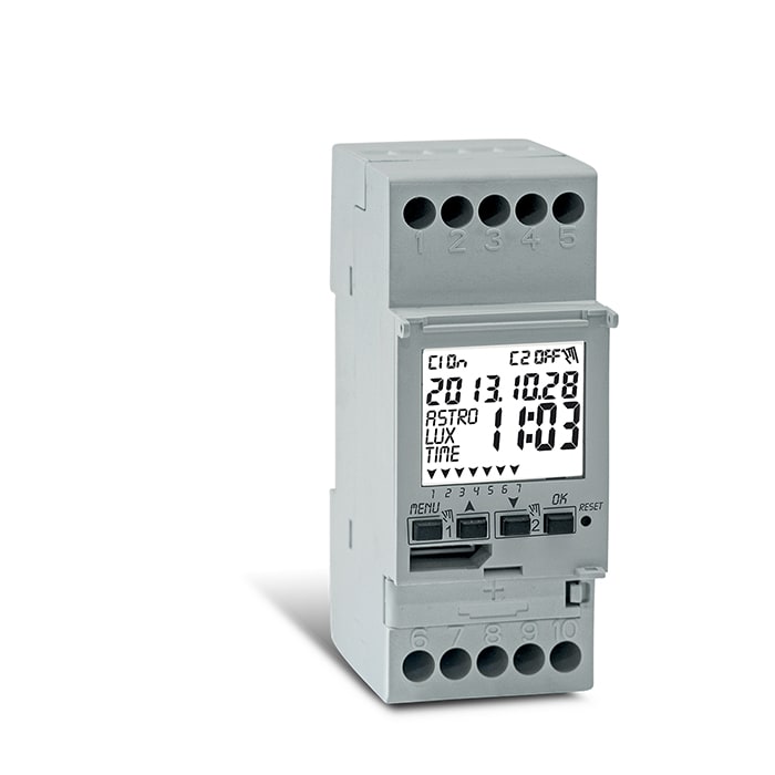 PERRY ELECTRIC - Interruttore orario astronomico crepuscolare "ASTRO-LUX-TIME" 2 canali - 2 DIN, Zero Crossing, vetrino incernierato e piombabile