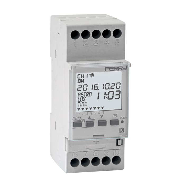 PERRY ELECTRIC - Interruttore orario astronomico NFC - 2 DIN, 2 Contatti. 1IO4291NFC