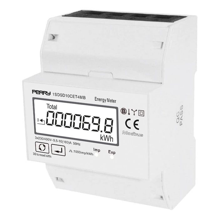 PERRY ELECTRIC - Contatore di energia trifase 100A digitale 4 DIN, certificato MID con uscita Modbus 1SDSD10CET4MB