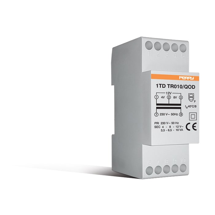PERRY ELECTRIC - Trasformatore 10VA per servizio continuo uscite 4-8-12V 2 DIN, montaggio a retroquadro IP40