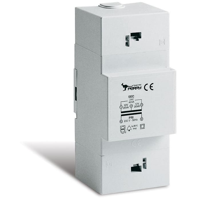 PERRY ELECTRIC - Trasformatore 25VA per servizio intermittente uscite 4-8-12V, montaggio a parete IP30, montaggio a retroquadro IP40. 1TDTR01404/N