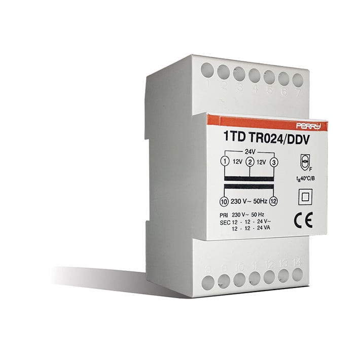 PERRY ELECTRIC - Trasformatore 24VA per servizio continuo uscite 12-12-24V 3 DIN, montaggio a retroquadro IP40 1TDTR024/DDV