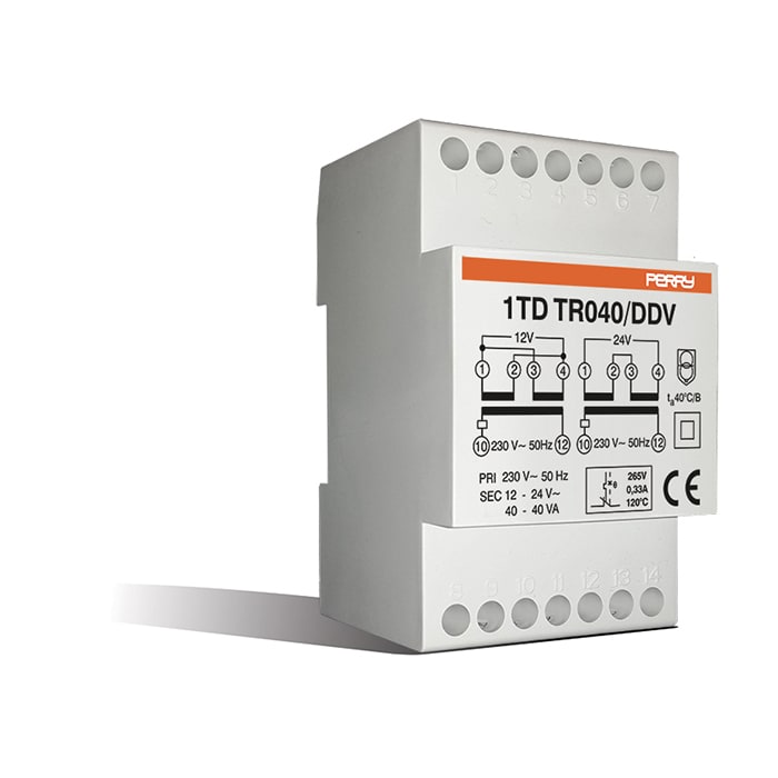 PERRY ELECTRIC - Trasformatore 40VA per servizio continuo uscite 12-12-24V 3 DIN, montaggio a retroquadro IP40 1TDTR040/DDV