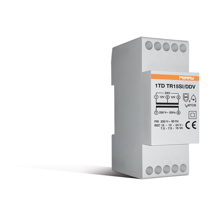 PERRY ELECTRIC - Trasformatore 15VA per servizio intermittente uscite 4-8-12V 2 DIN, montaggio a retroquadro IP40