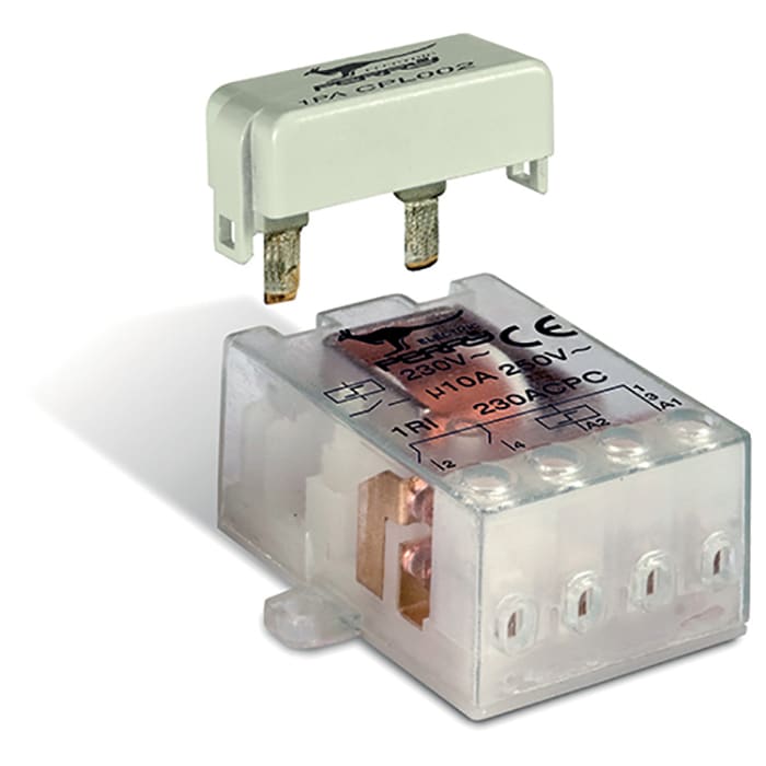 PERRY ELECTRIC - Condensatore inglobato per utilizzo su relè ad impulsi nel caso di impianti con pulsanti luminosi  Dimensioni (LxPxH) 35 x 22,5 x 17,5 mm  Brevetto Perry Electric.