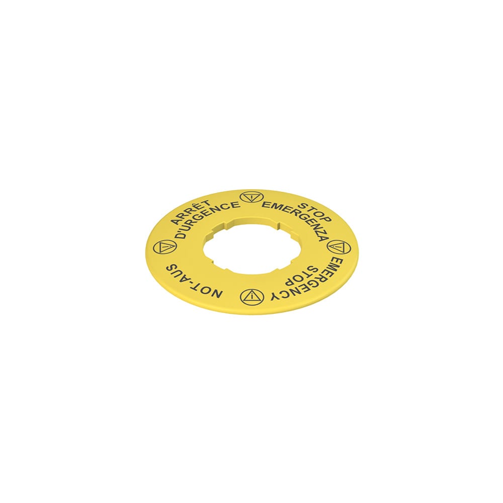 PIZZATO ELETTRICA - Targhetta con foro sagomato, disco giallo ? 60 mm, scritta "STOP EMERGENZA - EMERGENCY STOP - NOT-AUS - ARRET D'URGENCE"
