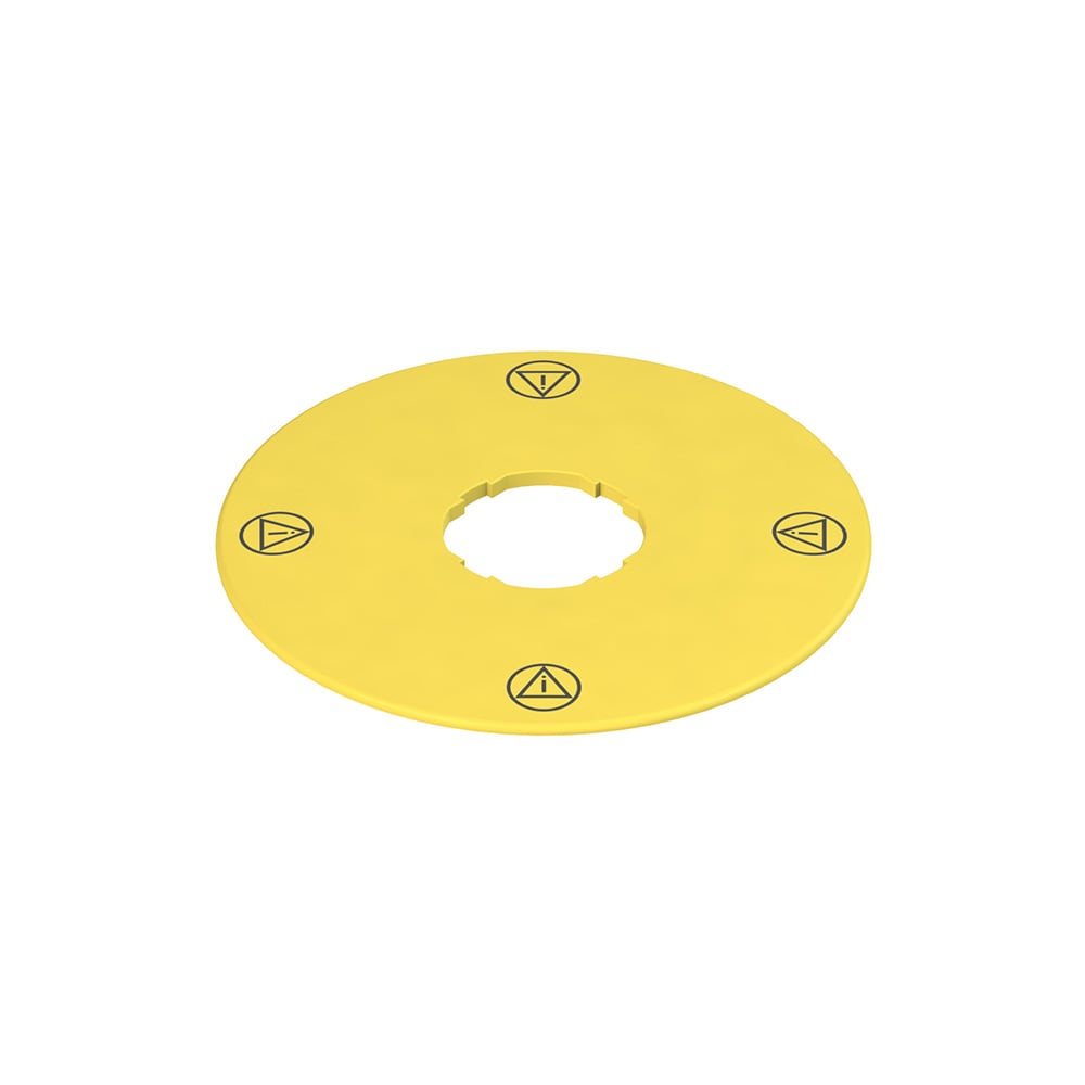 PIZZATO ELETTRICA - Targhetta con foro sagomato, disco giallo ? 90 mm, scritta: conforme ISO?13850