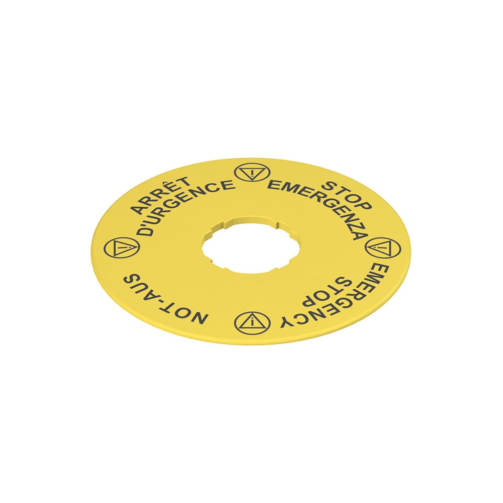 PIZZATO ELETTRICA - Targhetta con foro sagomato, disco giallo ? 90 mm, scritta "STOP EMERGENZA - EMERGENCY STOP - NOT-AUS - ARRET D'URGENCE"
