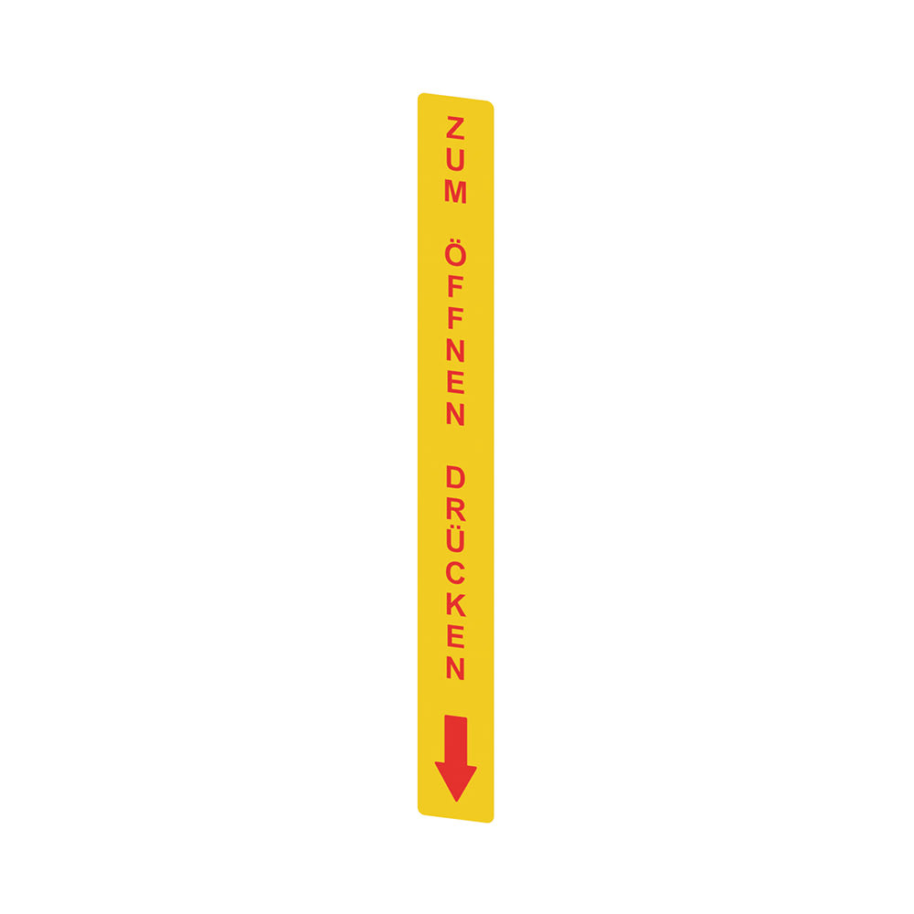 PIZZATO ELETTRICA - Adesivo giallo in PC, rettangolare 300x32 mm, scritta rossa "ZUM OFFNEN DRUCKEN"