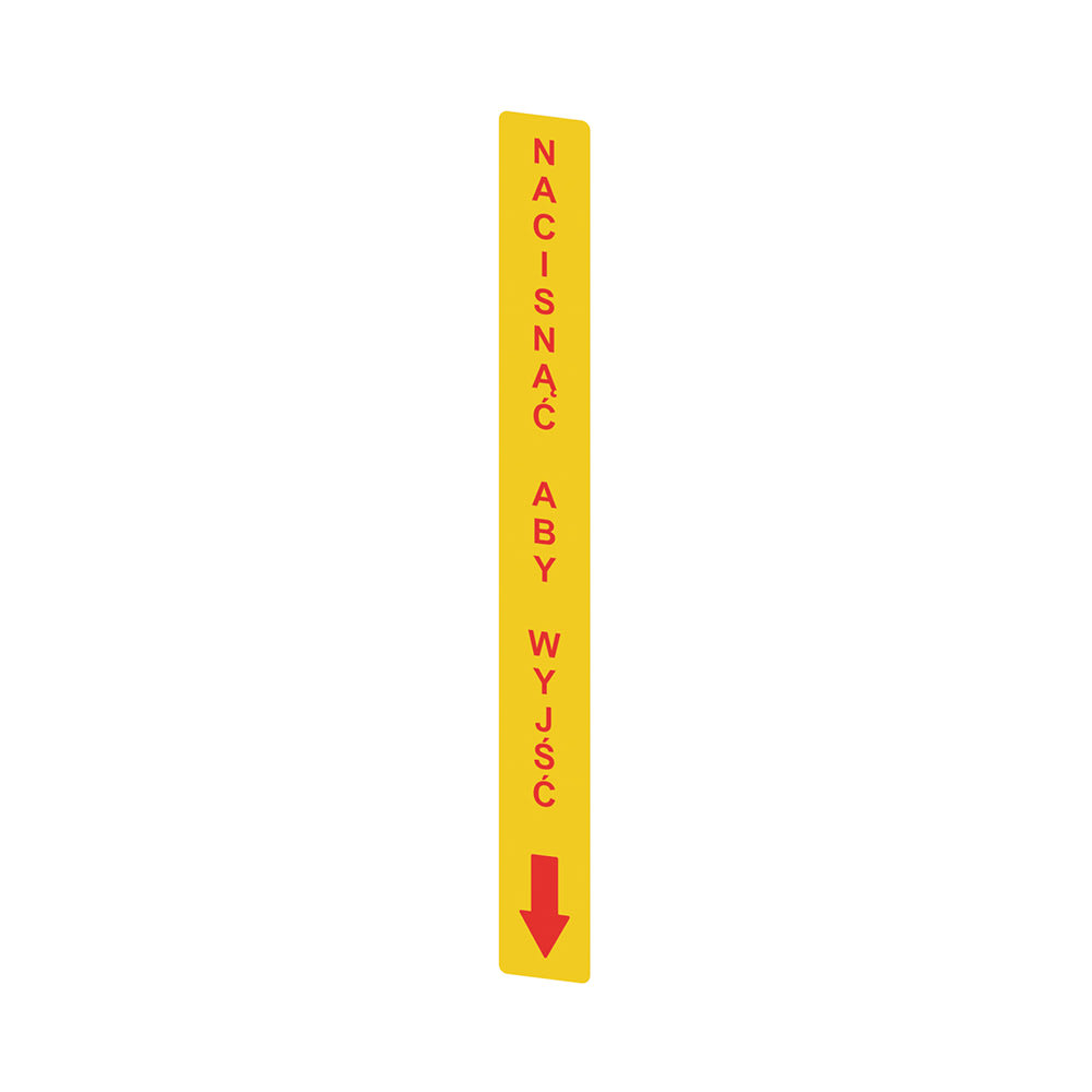 PIZZATO ELETTRICA - Adesivo giallo in PC, rettangolare 300x32 mm, scritta rossa "NACISN?? ABY WYJ??"