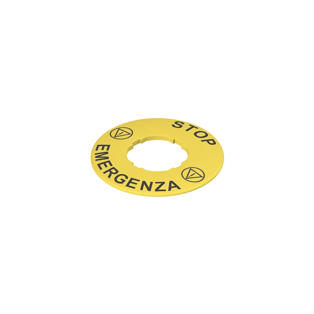 PIZZATO ELETTRICA - Targhetta con foro sagomato, disco giallo ? 60 mm, scritta "STOP EMERGENZA"