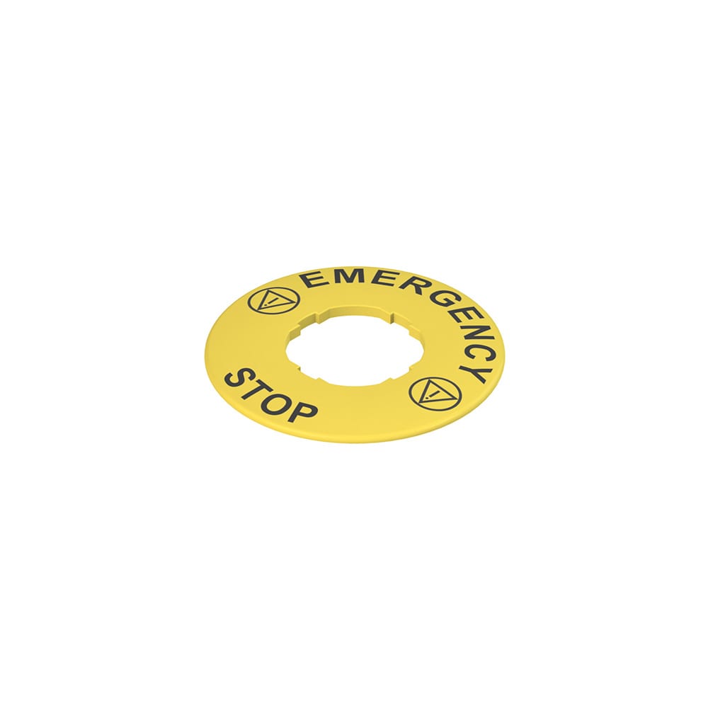 PIZZATO ELETTRICA - Targhetta con foro sagomato, disco giallo ? 60 mm, scritta "EMERGENCY STOP"